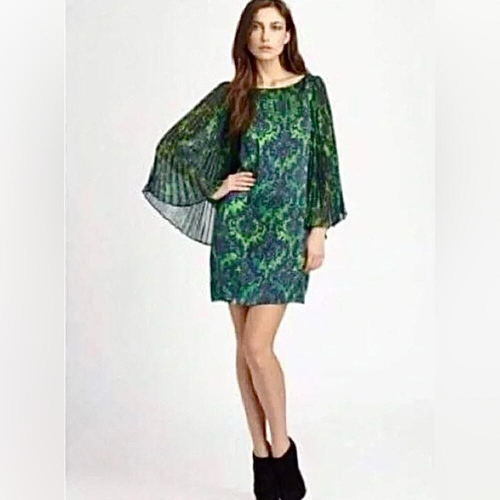 Alice + Olivia Green Navy Silk Damask Pleated Plisse Sleeve Shift Mini Dress XS